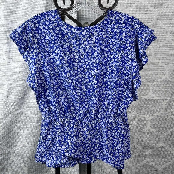 Monteau Los Angeles Blue Floral Surplice Peplum Top – Size L - Picture 4 of 8